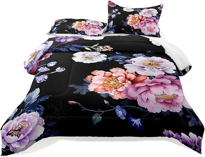 Raphus Cucullatus Dark Floral Bedding Queen Comforter Set, Black and Pink Goth Boho Botanical Bedding, Pretty Floral Bed Set