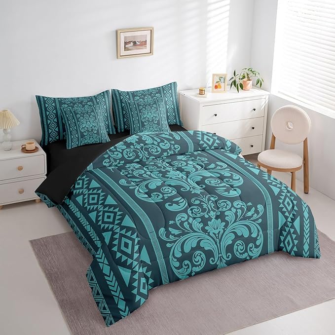 Comforter Set Queen Size, Turquoise Aztec Damask 7 Pcs Bedding for Kids and Adults, Western Goth Floral Victorian Bed Sheet Sets with Fitted Sheet 2 Pillowcases & 2 Shams for Bedroom Bed Decor