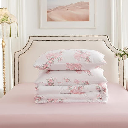 Nayoroom Pink Bow Comforter Set Full Size Pink Floral Bed Comforter for Girls 3 Pieces Soft Lightweight Kids Cute Coquette Bedding Set for All Seasons