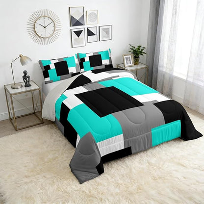 Castle Fairy Teal Black Grey Bed Comforter Set Queen Size,Modern Square Splicing Super Soft Microfiber Bedding Set for Adults Teens,Abstract Geometric Grid Comforter Set,2 Pillowcases