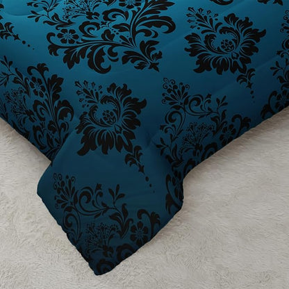 Blue Gothic Floral Print Comforter Set Queen Size,Vintage Damask Floral Bedding Set,Bohemian Exotic Printed Quilted Set for Teens Adult,with 1 Comforter and 2 Pillow Case