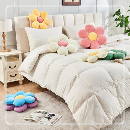 White Yellow Flower Pillow, 14.9" Cute Flower Shaped Floor Pillow, Aesthetic Floral Plush Daisy Decorative Throw Pillows for Bed Sofa Couch