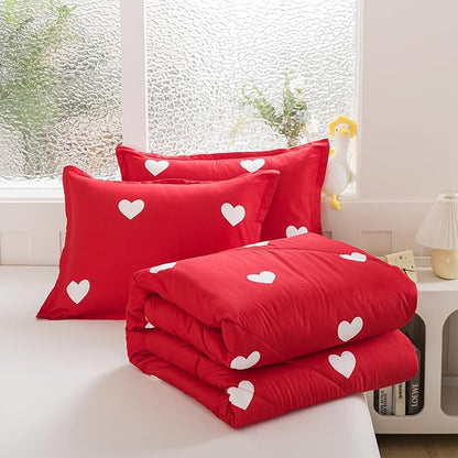 Caressma Love Comforter Set Full Size - Cute White Heart Print Red Bedding Comforter 3 Pieces Matching Pillowshams