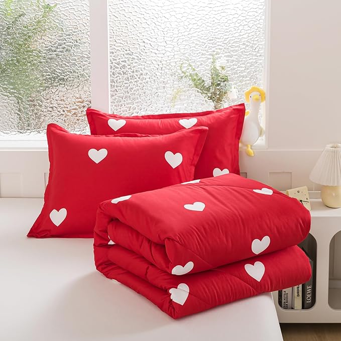 Caressma Love Queen Comforter Set - Romantic White Heart Print Red Bedding Comforter 3 Pieces Matching Pillowshams