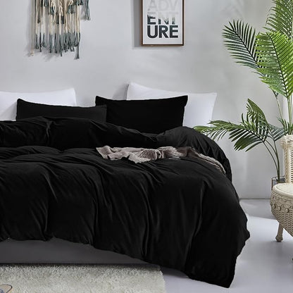 Cottonight Black Velvet Comforter Set King - Flannel Bedding 3 Piece Set, Plush Fluffy Blanket Quilts, Modern Winter Warm Thick Soft Solid Bedding