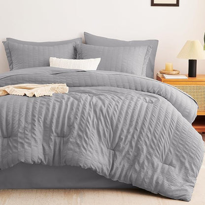 CozyLux Full Size Comforter Sets with Sheets 7 Pieces, Grey Seersucker Bed in a Bag Textured Luxury Soft Gray Bedding Set with Down Alternative Comforter, Sheets, Pillowcases & Shams for All Seasons