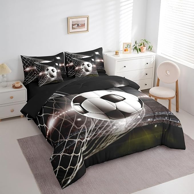 Feelyou Soccer Ball Comforter Set Full Size 7 Pcs Football Comforter Bed in a Bag Black White Sports Bedding Set for Boys Girls Teens Soccer Lover Bed Set with Sheets, Pillowcases, Pillow Covers