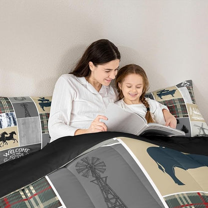 Erosebridal Horse Comforter Set for Boys, Rustic Cabin Patchwork Bedding Set Queen Size, Western Cowboys Cowgirls Bedding Comforter Sets Farm Animal Windmill Patchwork Duvet Insert Southwestern Decor