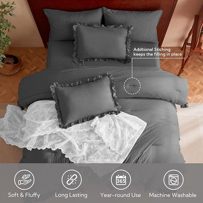 MR&HM California King Comforter Set Dark Grey, Comforter Set 7 Pieces for Girls Women, Shabby Chic Vintage Cottagecore Bed Sets Boho Bed in a Bag, Ultra-Soft & Fluffy Comforter for All Season