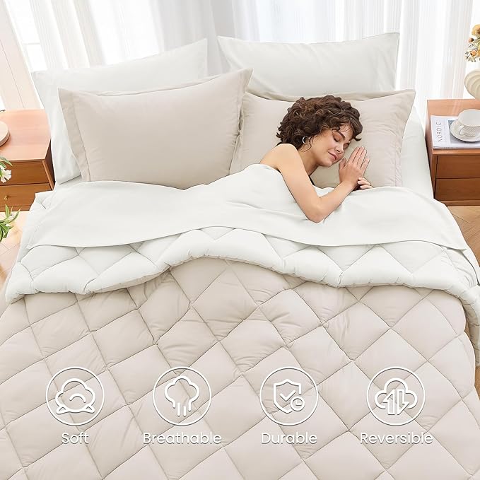 MUXHOMO 5 Pieces Twin XL Comforter Set, Reversible Bed in a Bag Twin XL Size, All Season Bedding Set with Comforter, Flat Sheet, Fitted Sheet, Pillowcases & Shams, Beige & White