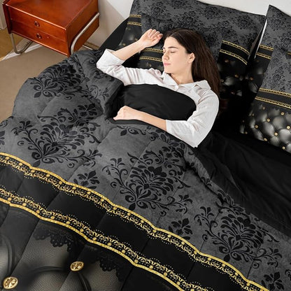 Black Damask Bed in a Bag King Size Comforter Set 7 Pieces,Luxury Grey Golden Texture Pattern Bohemian Bedding Sets Antique Decor Gothic Vintage Floral Comforter and Sheet Set, Goth Victorian Bed Sets