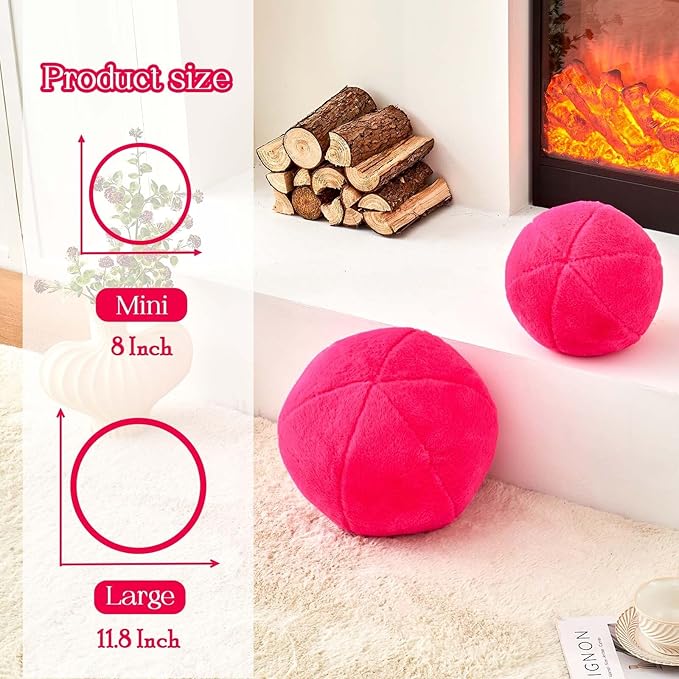 Uvvyui Hot Pink Ball Pillow, 8" Cute Mini Round Throw Pillow Faux Rabbit Fur Room Decorative Throw Pillow, Ball Shaped Pillow Plush Cushion for Couch, Sofa, Bedroom