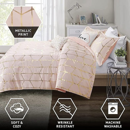 Intelligent Design Raina King/Cal King Comforter Set, Soft Microfiber, Modern Geometric Metallic Bed Set, 5 Pieces College Bedding with 2 Shams, 2 Toss Pillows Blush/Gold
