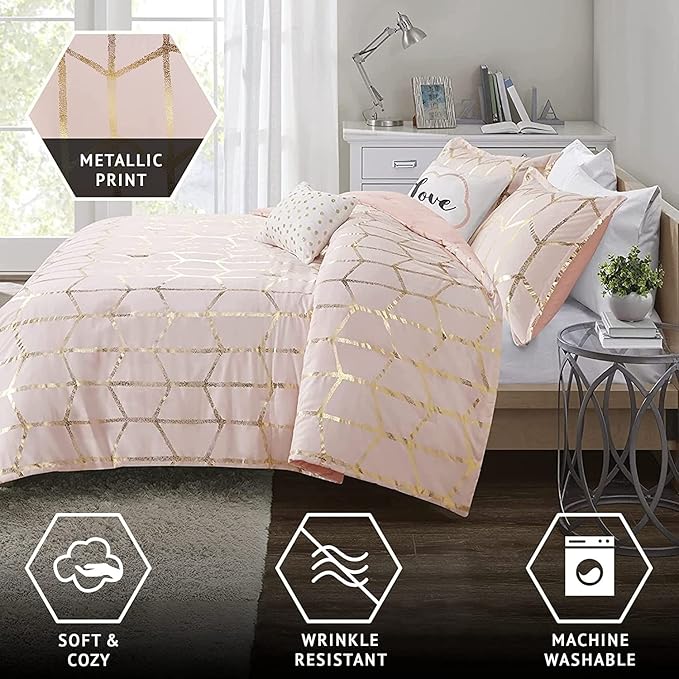 Intelligent Design Raina Comforter Microfiber Metallic Print Geometric Design Embroidered Toss Pillow Modern Trendy Casual All Season Bedding Set Matching Sham, Full/Queen, Blush/Gold 5 Piece
