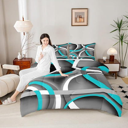 Castle Fairy Retro Circle Comforter Set Queen Size Blue Gray Black Bedding Set for Kids Boys Girls Bedroom Decoration Stripe Line Art Bed Duvet Insert Geometric Modern Comforter with 2 Pillowcase