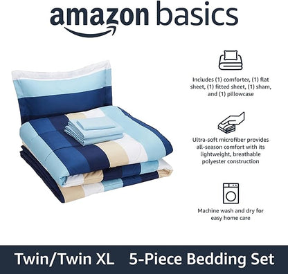 Amazon Basics 5-Piece Lightweight Microfiber Comforter Bedding Set with Sheet, Twin XL, Blue Stripe, Bed-in-a-Bag