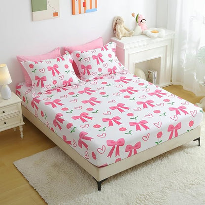 Pink Bow Comforter 7 Pieces Comforter Set Full Size Pink Flower Bow Comforter for Girls Kids Romantic Princess Style Bow Tie Bedding Set Super Soft All Season