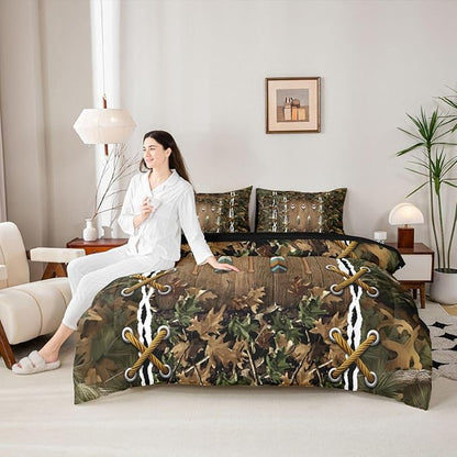Camo Cabin 7-Piece Comforter Set Full Bed in a Bag | Country Lake Oar Bedding Sets Mens Camouflage Comforter and Sheet Set, Woodland Animals Farmhouse Room Decor,Hunting Rustic Farmhouse Decor