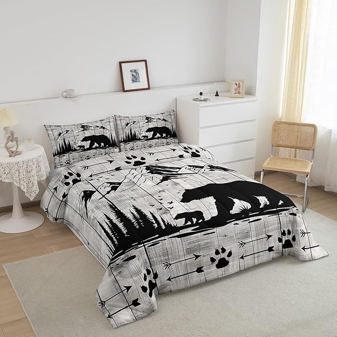 Feelyou Rustic Bear Comforter Set Full Size, Wildlife Hunting Theme Quilt Set with 2 Pillowcases, Western Wild Animal Bedding Set 3Pcs for Kids Boys Teens Room Decor, Wooden Board Duvet Insert