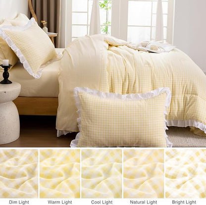 A Nice Night Comforter Set Full, 5 Pieces Lightweight Soft Rustic Yellow Ruffle Comforter, Plaid Checkered Chic Bedding Set with Pillow Shams