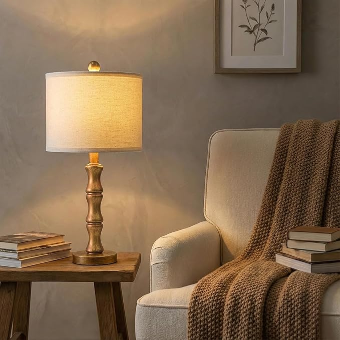 BOBOMOMO 20.5" Vintage Nightstand Lamps Set of 2, Farmhouse Table Lamps with Antique Gold Resin Base & Linen Shade, Small Bedside Lamp for Bedroom, Living Room, Office & Elegant Home Décor