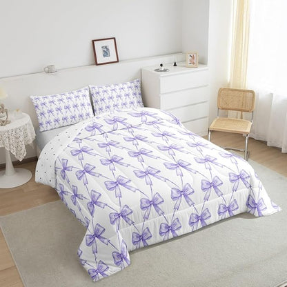 Feelyou Purple Bow Comforter Set Queen Size Cute Bowknot Bedding Set Boys Girls Kawaii Comforter for Kids Women Men Bow and Stripes Duvet Set 3Pcs