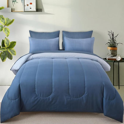 Anibedding King Size Comforter Set - 7 Pieces Soft Gradient Blue Bed in a Bag with Fitted Sheet, Flat Sheet, 2 Pillow Shams, and 2 Pillowcases - Warm Bed Set for All Season
