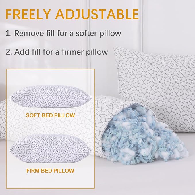 Neck Support Shredded Memory Foam Pillows for Sleeping, Adjustable Firm Pillow for Side, Back and Stomach Sleepers, Very Soft ＆ Warm for Winter ＆ Spring, King Size Set of 2（18 * 33inch）