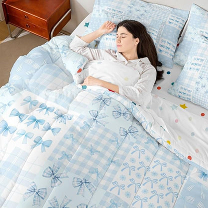 Feelyou Blue Bow Twin Comforter Set with Sheets for Kids Boys Girls Cute Bowknot 7 Pieces Bedding Set Princess Bow Bed in a Bag Kawaii Room Decor Soft Lightweight Microfiber