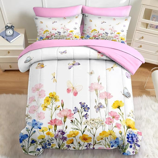 Nesker 5 Pcs Spring Comforter Set Twin Size, Pink Yellow Floral Bedding Set for Kids and Adults, Colorful Butterfly Bed Sheet Sets with Fitted Sheet Pillowcase & Sham