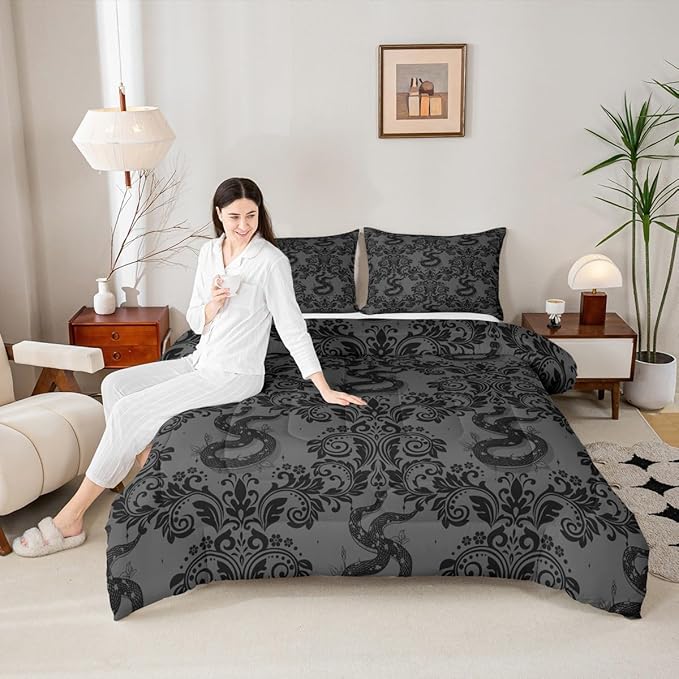 Feelyou Adults Gothic Bedding Set Soft for Boys Girls, Dark Olive Green Damask Comforter Set Toddler Size Snake Duvet Quilt Microfiber Bedroom Decor 2 Pcs with 1 Pillow Cases