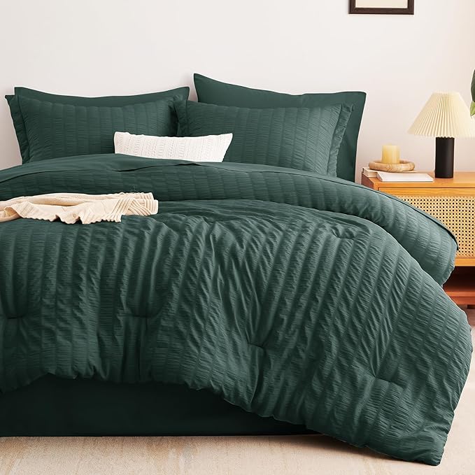 CozyLux Queen Comforter Set Forest Green Seersucker 7 Pieces Bed in a Bag Queen Comforter Set with Sheets, Luxury Bedding Sets with Down Alternative Comforter, Sheets, Pillowcases & Shams All Seasons