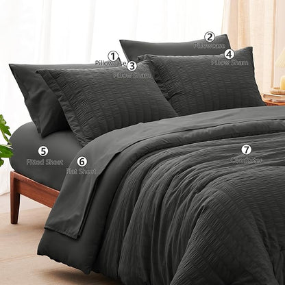 CozyLux Oversized King Comforter Set Dark Grey Seersucker 7 Pieces 120x98 Bed in a Bag Comforter Set with Sheets, Luxury Soft Bedding Sets with Down Alternative Comforter, Sheets, Pillowcases & Shams