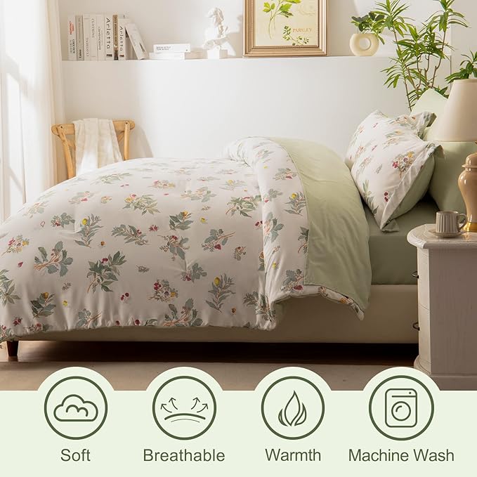 EMME Botanical Sage Green Comforter Set King Size 7 Pieces＿Brushed Microfiber Bed in a Bag for Girls, Ultra Soft Bedding Set with Sheets (Sage Green, King (7 Piece), Adult