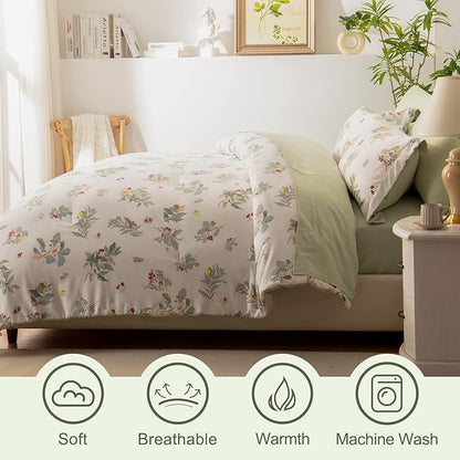 EMME Botanical Sage Green Comforter Set King Size 7 Pieces＿Brushed Microfiber Bed in a Bag for Girls, Ultra Soft Bedding Set with Sheets (Sage Green, King (7 Piece), Adult