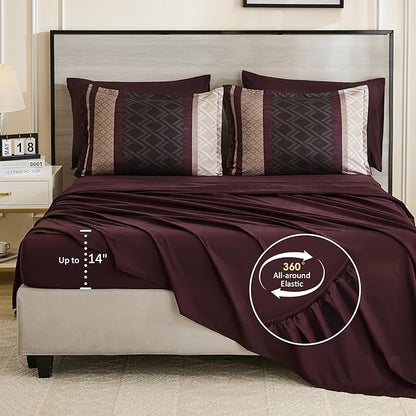 Cottolester Boho Comforter Set King Size,Red Brown Striped Bed in a Bag,Plaid Comforter and Sheet Set,Soft Microfiber Complete Bedding Sets