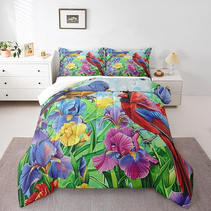 Erosebridal Cardinal Bird Comforter Set Hummingbird Floral Bedding Set Twin Retro Watercolor Rustic Iris Flowers Quilt Comforter for Kids Adults Country Farmhouse Bed Set Colorful Home Decor