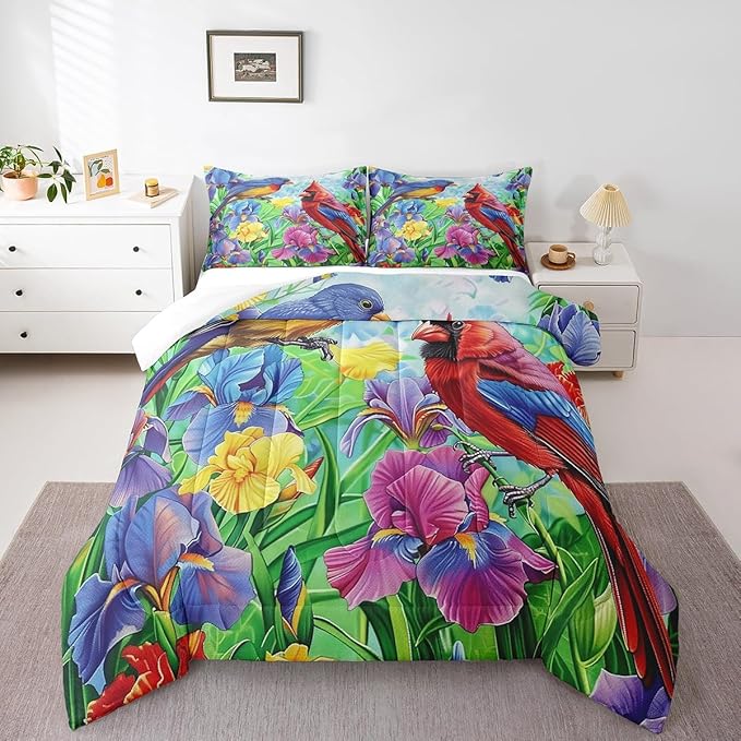 Erosebridal Cardinal Bird Comforter Set Hummingbird Floral Bedding Set Queen Retro Watercolor Rustic Iris Flowers Quilt Comforter for Kids Adults Country Farmhouse Bed Set Colorful Home Decor