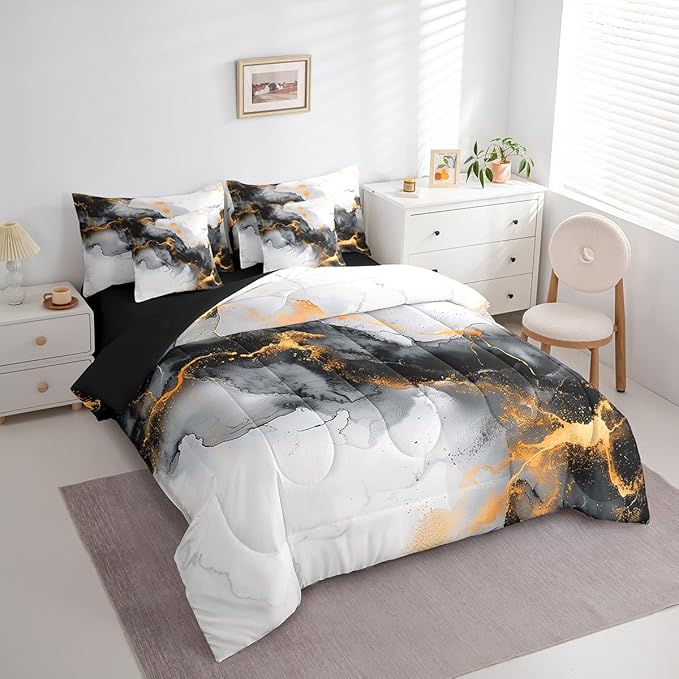 Erosebridal 7pcs Black Orange Marble Bedding Twin Size Watercolor Artwork Comforter Set, Abstract Foil Print Bedding Comforter Sets Aesthetic Marbling Bed in a Bag, Mountain Fluid Bedding Accessories