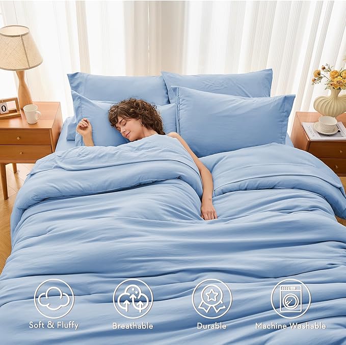 MUXHOMO 7 Pieces California King Comforter Set, Soft Bed in a Bag Cal King Size, All Season Bedding Set with Comforter, Flat Sheet, Fitted Sheet, Pillowcases & Shams, Greyish Blue