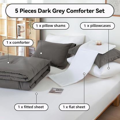 weigelia Twin Comforter Set 5 Pieces Dark Grey Comforter Set Soft Twin Bed Set Twin Bedding Set with Comforters, Flat & Fitted Sheets, Pillowcases & Shams