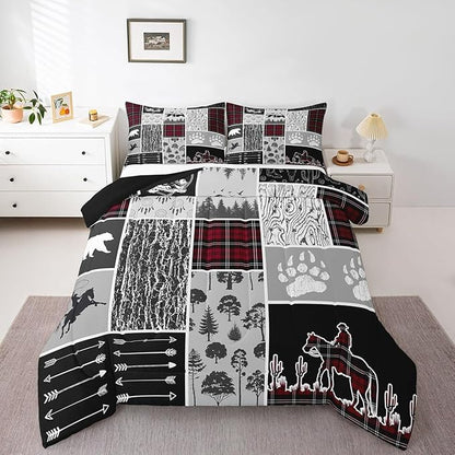Erosebridal Western Cowboy Comforter Set Queen,Rustic Farmhouse Bedding Set Western Bedroom Decor,Hunting Bear Horse Duvet Insert,Dream Catcher Arrow Wildlife Print Quilt Buffalo Plaid Decor,Red