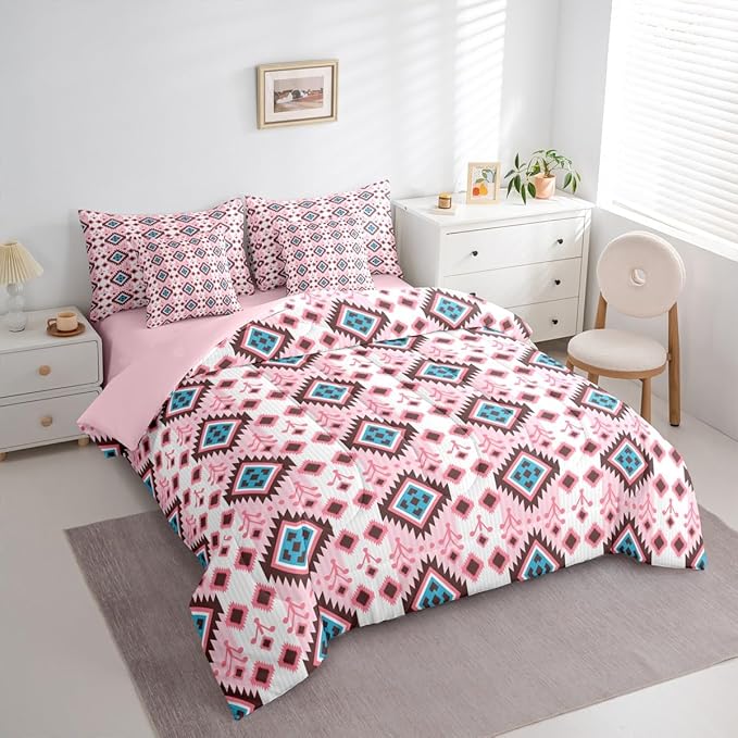 Erosebridal Boho Aztec Bed in A Bag Queen 7 Pcs Bohemian Southwestern Comforter Set for Kids Teens Western Ethnic Tribal Mexican Bedding Sets Pink Cowgirl Geometric Diamond Sheet Set with Comforter