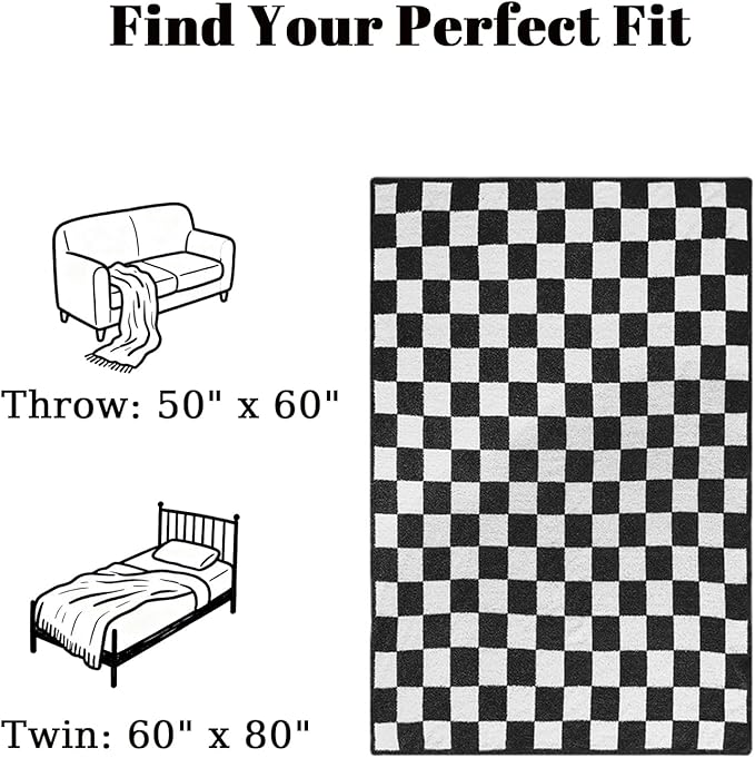 MorroMorn Checkered Blanket for Couch Bed Sofa Chair, Black Throw Blanket 2-Layers Soft Cozy Fleece Plaid Blankets Checkerboard Grid - Fluffy Fuzzy Plush Warm Home Decor, 60x80 inches