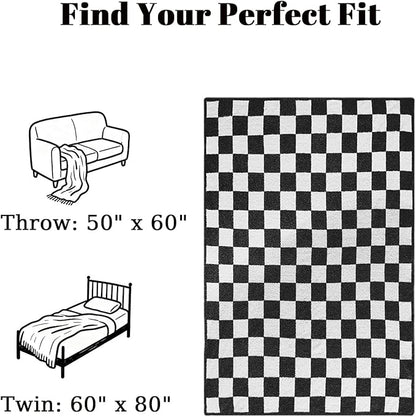 MorroMorn Checkered Blanket for Couch Bed Sofa Chair, Black Throw Blanket 2-Layers Soft Cozy Fleece Plaid Blankets Checkerboard Grid - Fluffy Fuzzy Plush Warm Home Decor, 60x80 inches
