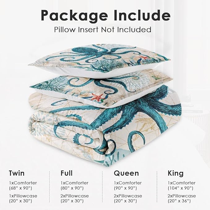 Full Size Comforter Set with 2 Pillowcases, Sea Coral Octopus 3 Pcs Bedding for Kids and Adults, Beach Summer Ocean Animal Soft Comforter Set for Bedroom Bed Decor