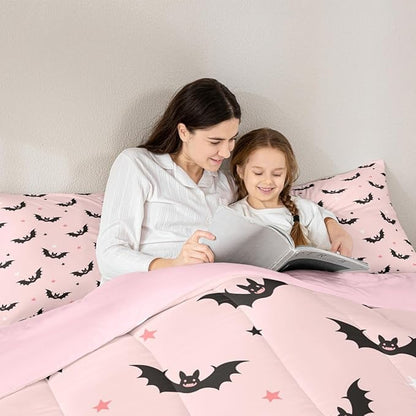 Castle Fairy Colorful Star Pink Bedding Set for Boys Girls,Cut Black Bat All Season Cozy Comforter Set Full Size,Happy Halloween Theme Duvet Set Bedroom Decor,Personalized Birthday Gifts