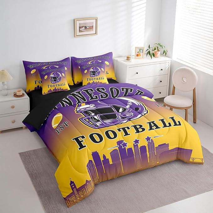 Erosebridal Football Comforter Set with Sheets American Soccer City 7 Piece Bedding Set Sports Rugby Competitive Games Bed in A Bag Twin Size for Kids Boys Teen,Purple Yellow Bed Set
