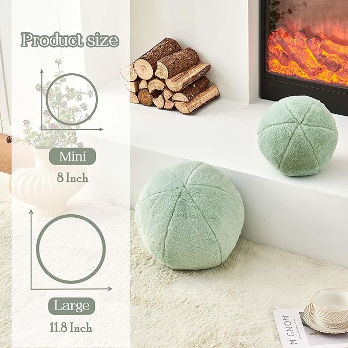 Uvvyui Sage Green Ball Pillow, 11.8" Cute Round Throw Pillow Faux Rabbit Fur Room Decorative Throw Pillow, Ball Shaped Pillow Plush Cushion for Couch, Sofa, Bedroom