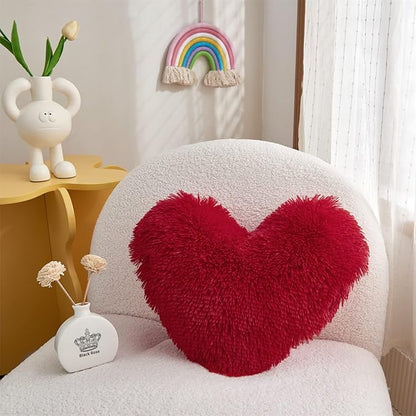 MOOWOO Red Heart Faux Fur Throw Pillow with Pillow Cover and Insert,Sherpa Plush Fluffy, Solid Color,Christmas Decorations,Valentines Day Decor, Heart Shape Gift for Girls,Love Pillow
